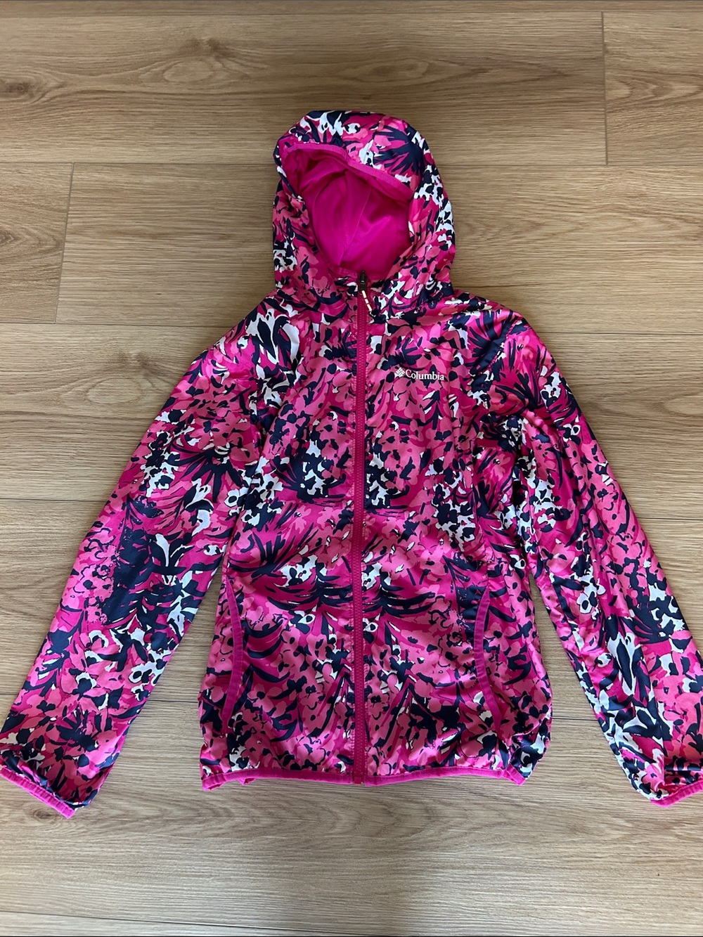Columbia Girls' Hot Pink Floral Print Hooded Rain Jacket